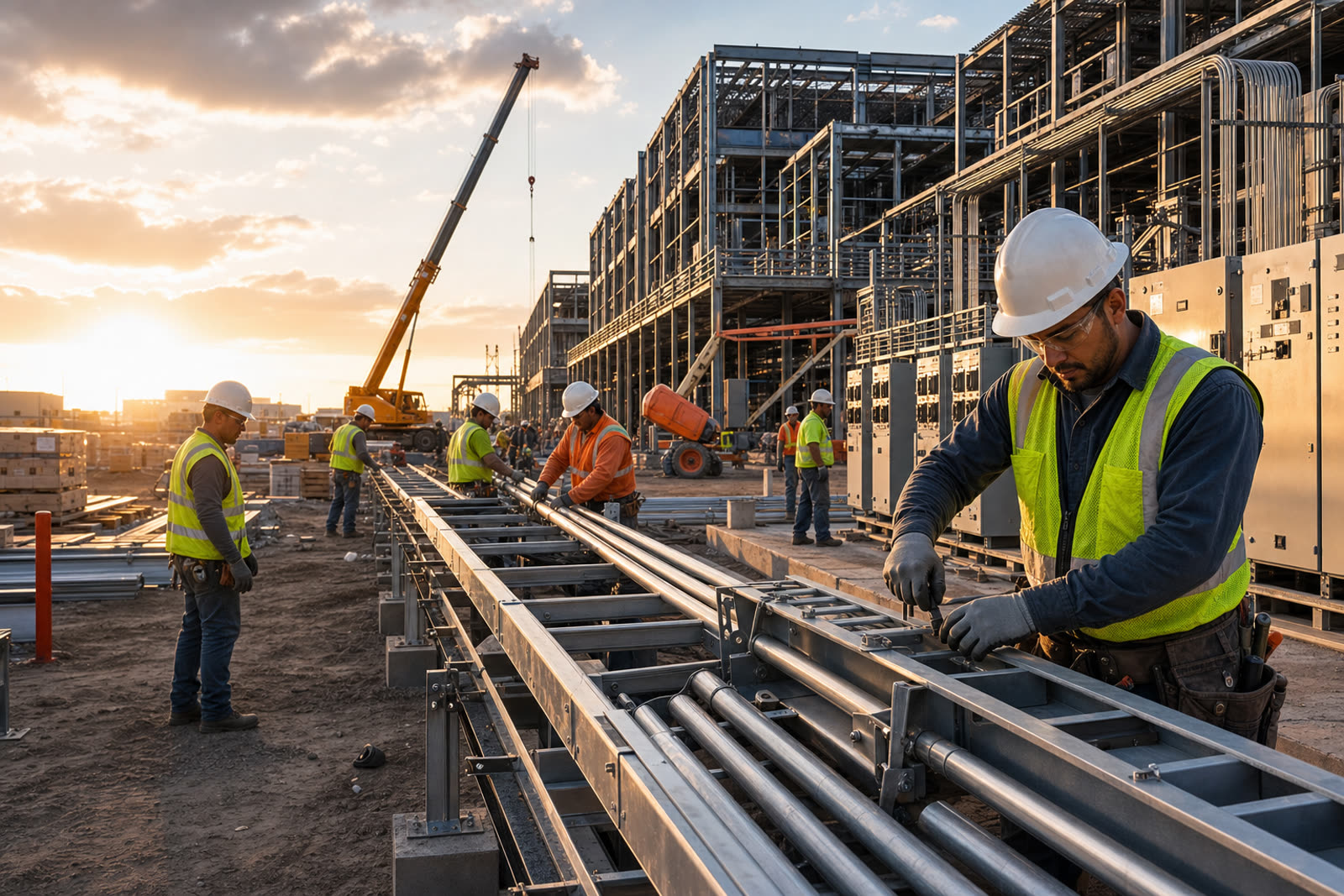 Electricians installing conduit and cable tray at a large data center construction site