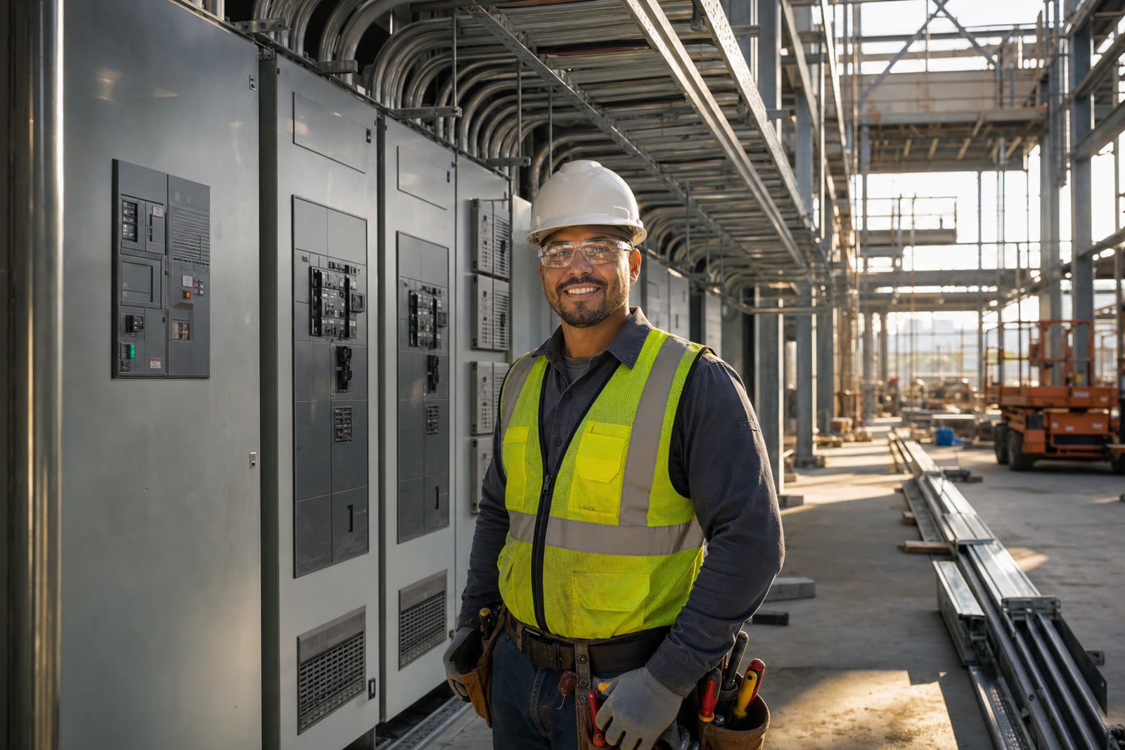 Electrician standing near switchgear and cable trays at a data center construction site