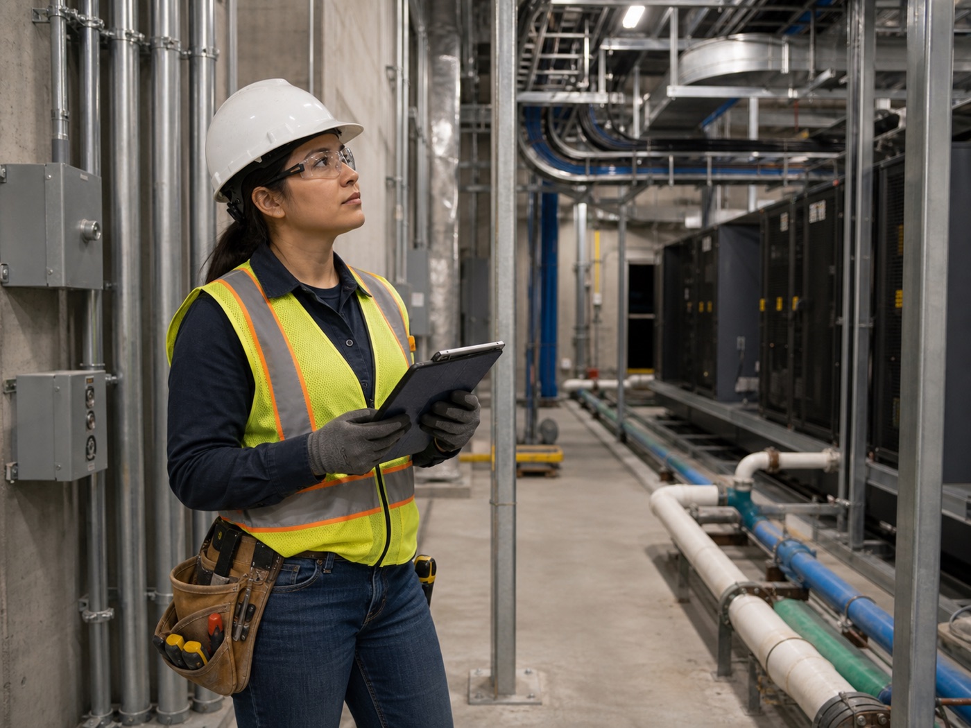 Data center mechanical and electrical tradesperson inspecting conduit and piping