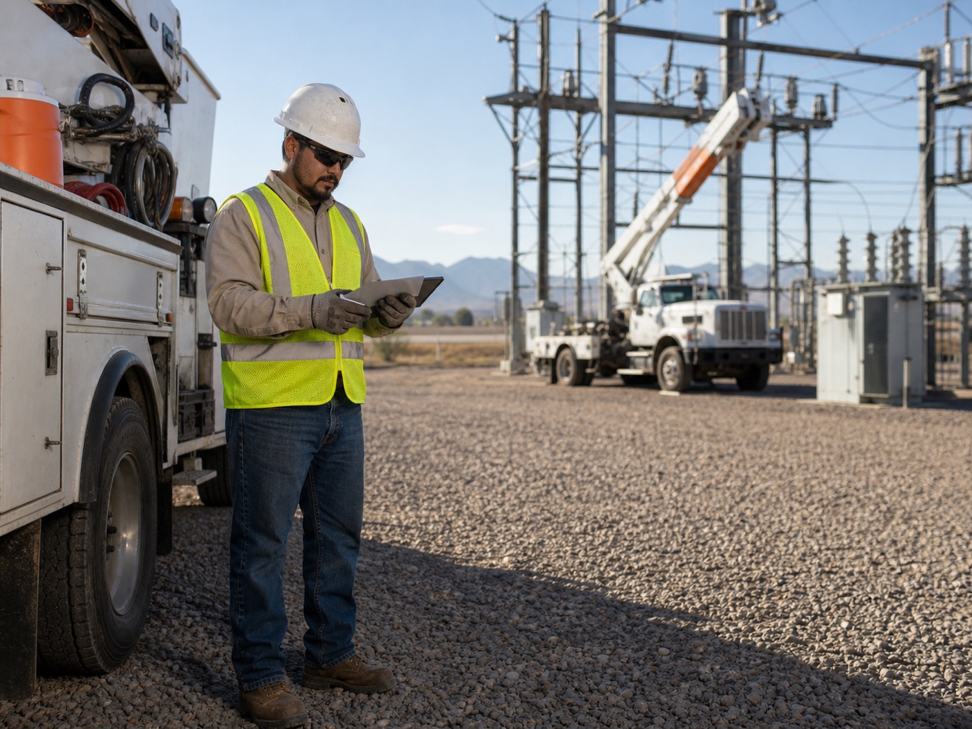 Grid lineworker reviewing plans beside utility equipment in a substation